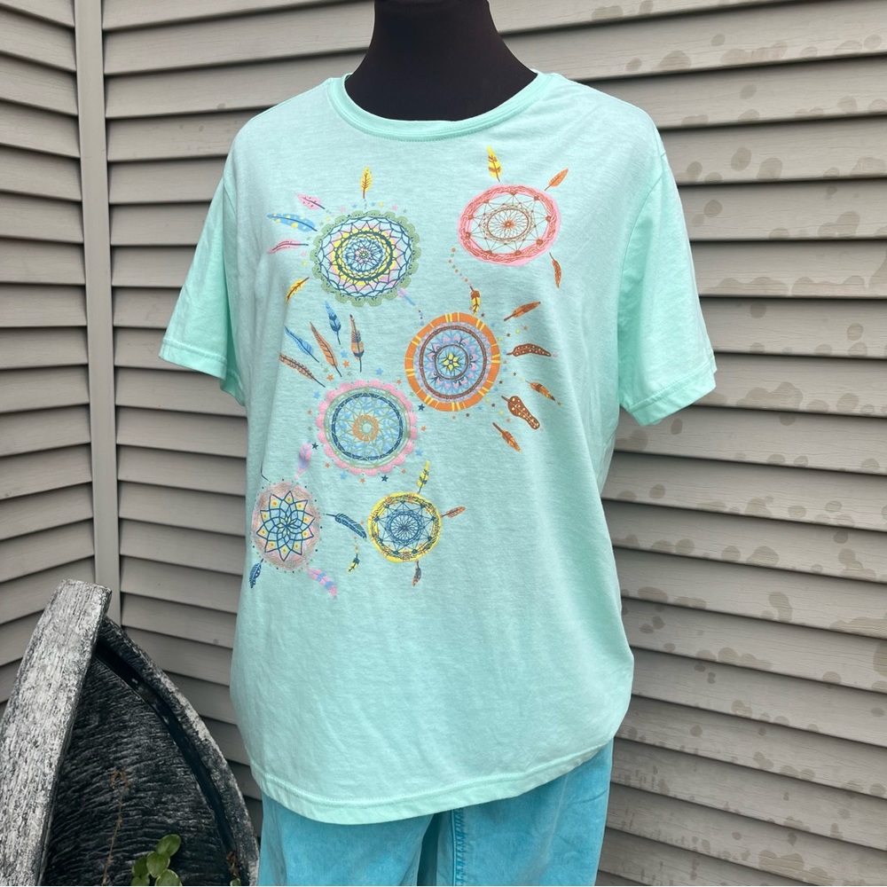 EUC Indigo Soul aqua blue dream catcher short sleeve crew neck tee shirt t-shirt